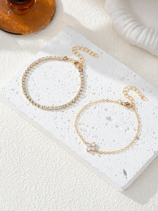 2pcs Simple Cubic Zirconia Flower Water Chain Women's Bracelet Set Daily Office Jewelry