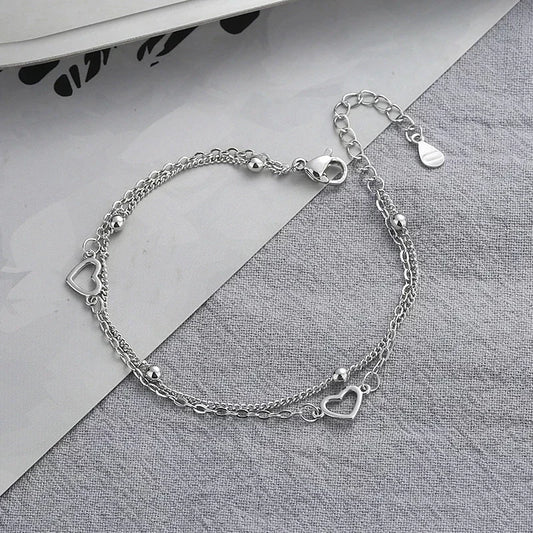 925 Sterling Silver Double Love Heart Hollow Round Beads Bracelet Female Fashion Romantic Jewelry New Classic Adjustable Gifts