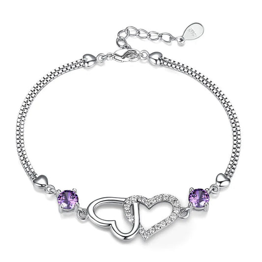 Armband Double Heart „Purple Love“ – 925 Silber