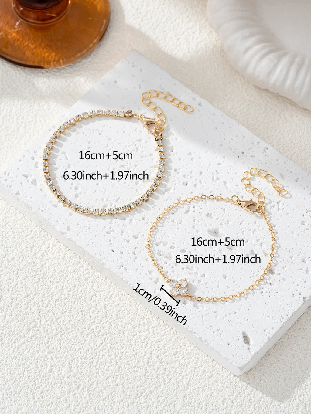 2pcs Simple Cubic Zirconia Flower Water Chain Women's Bracelet Set Daily Office Jewelry