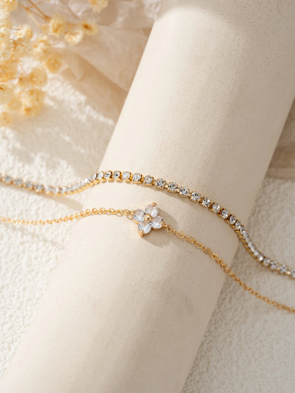 2pcs Simple Cubic Zirconia Flower Water Chain Women's Bracelet Set Daily Office Jewelry