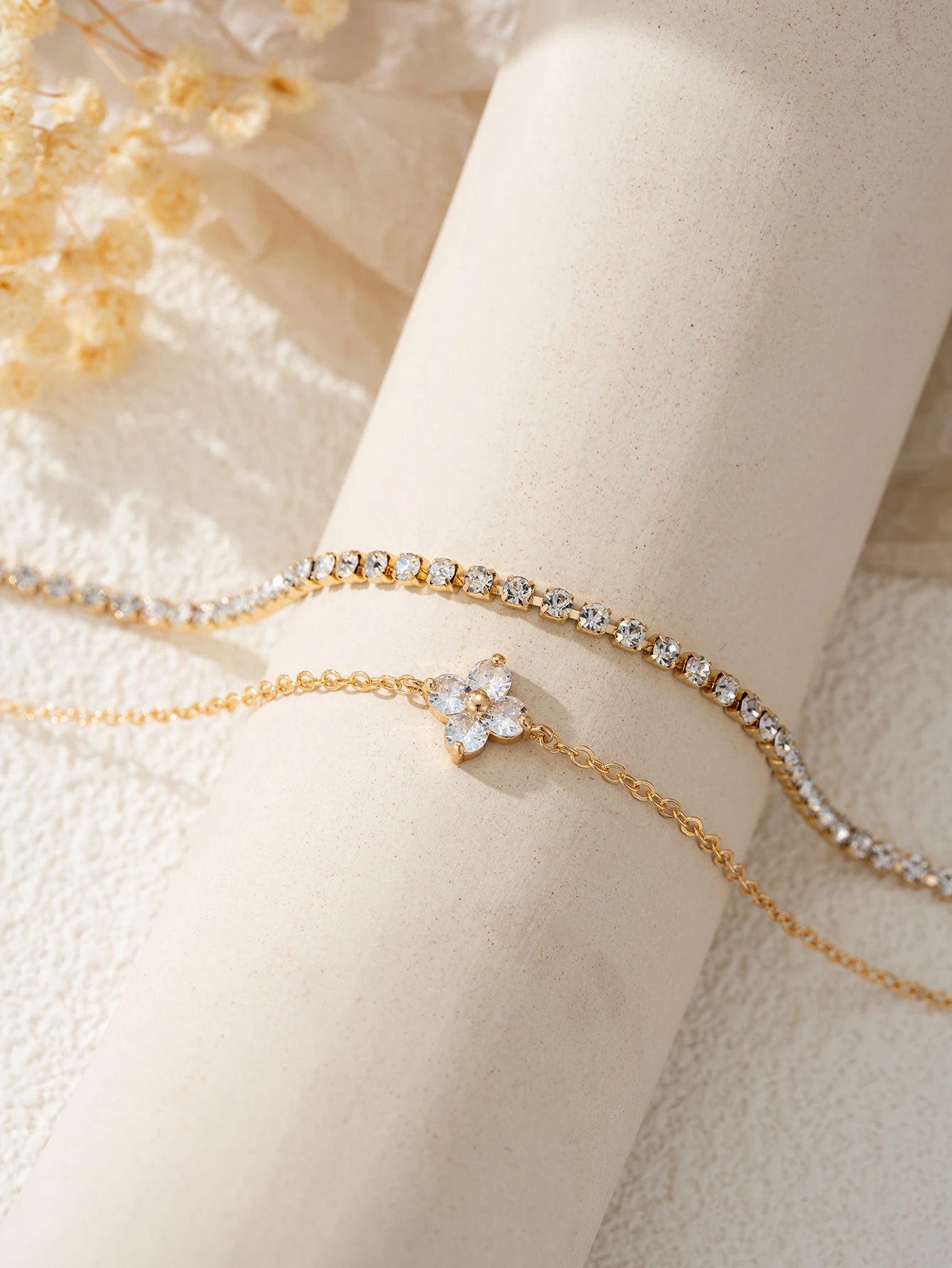 2pcs Simple Cubic Zirconia Flower Water Chain Women's Bracelet Set Daily Office Jewelry