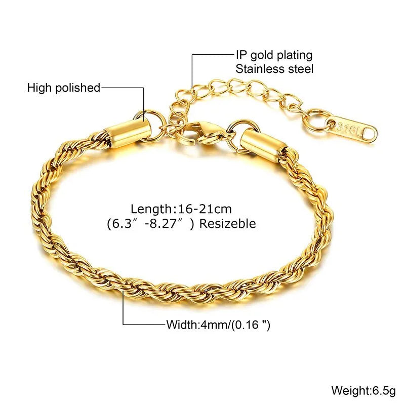 2-5MM Stainless Steel Rope Bracelets for Men Boys,Adjustable Gold Silver Color Links Wristband,Rock Punk Cool Jewelry Gift