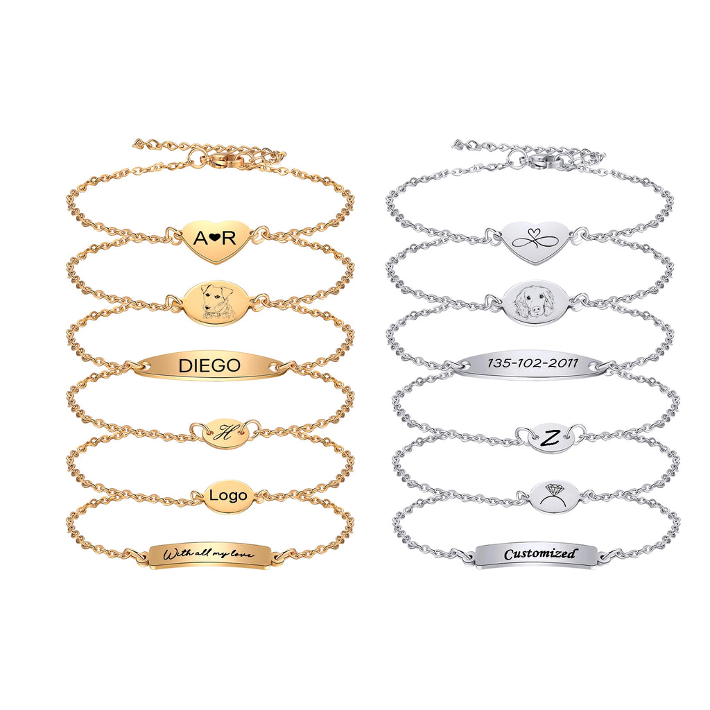 Simply Personalized Customize Text Logo Photo Stainless Steel Charm Bracelet For Women Girls Jewelry with 5cm Extender Chains