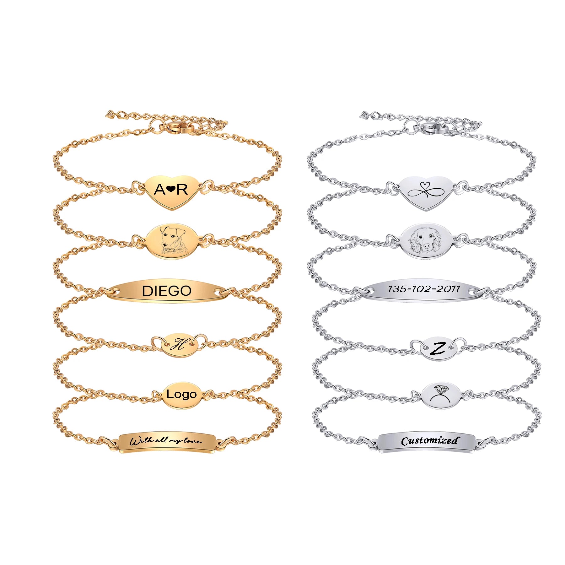 Simply Personalized Customize Text Logo Photo Stainless Steel Charm Bracelet For Women Girls Jewelry with 5cm Extender Chains