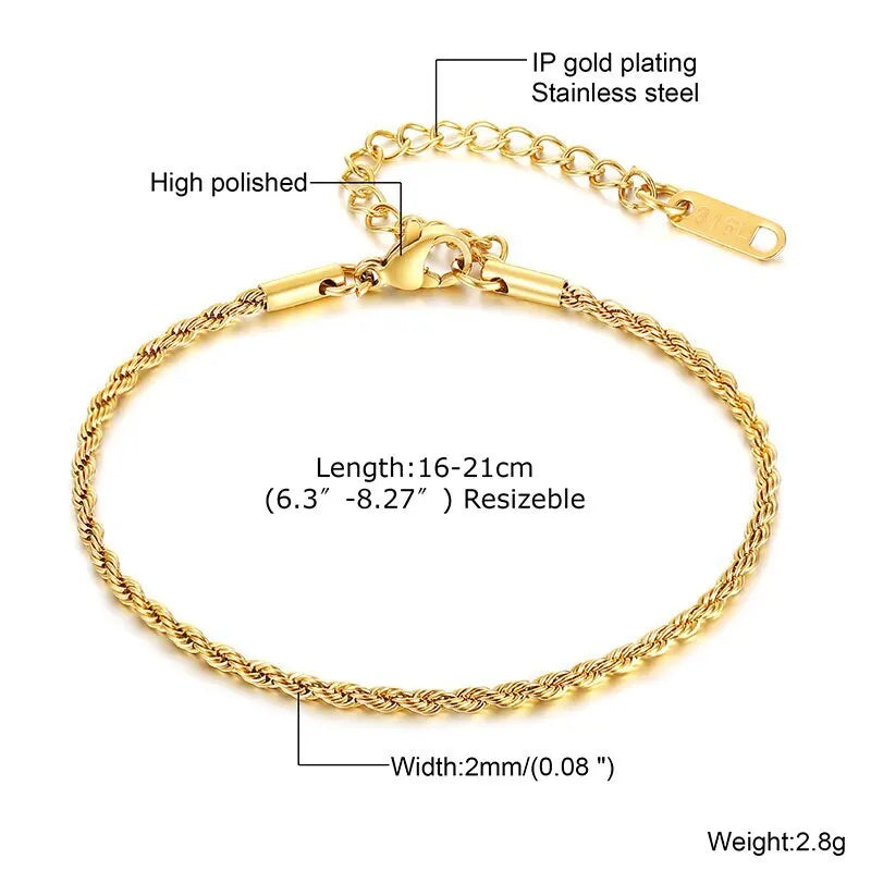 2-5MM Stainless Steel Rope Bracelets for Men Boys,Adjustable Gold Silver Color Links Wristband,Rock Punk Cool Jewelry Gift