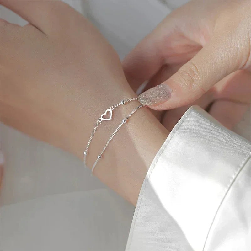 925 Sterling Silver Double Love Heart Hollow Round Beads Bracelet Female Fashion Romantic Jewelry New Classic Adjustable Gifts