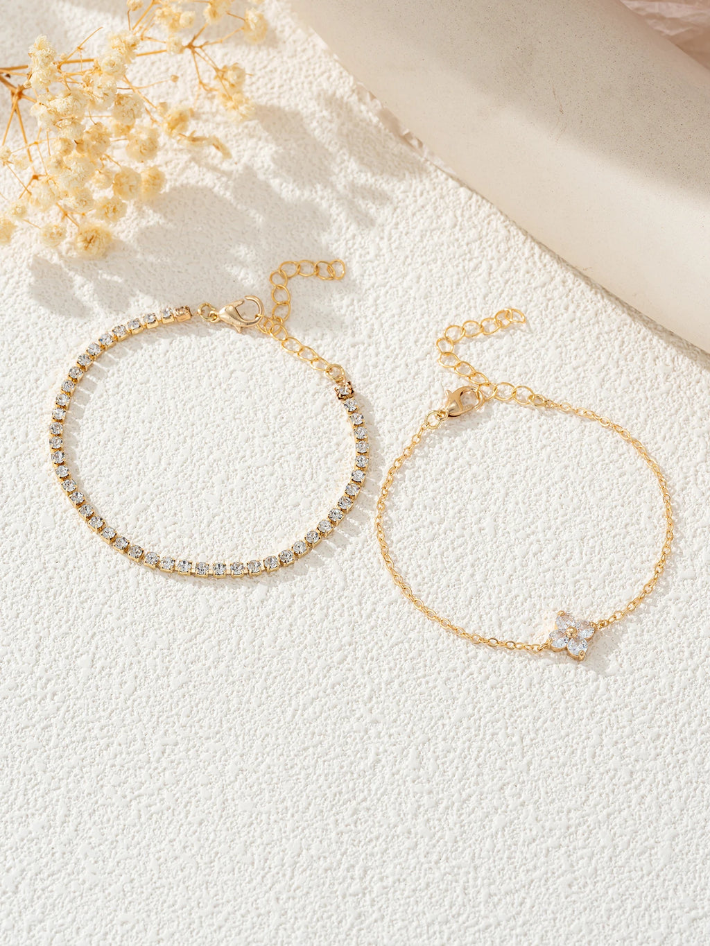 2pcs Simple Cubic Zirconia Flower Water Chain Women's Bracelet Set Daily Office Jewelry