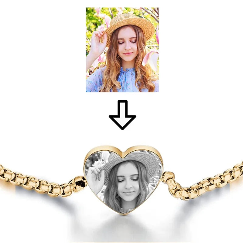 Personalized Custom Photo Text Stainless Steel Bracelet Carved Heart Shaped Pendant Bracelet Adjustable Jewelry Custom Gift