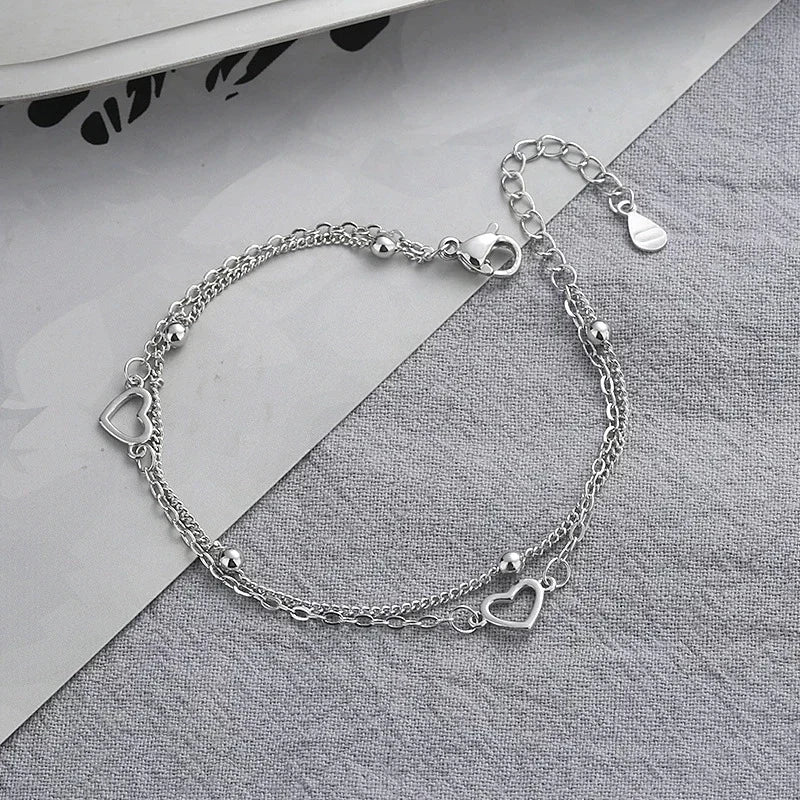 925 Sterling Silver Double Love Heart Hollow Round Beads Bracelet Female Fashion Romantic Jewelry New Classic Adjustable Gifts
