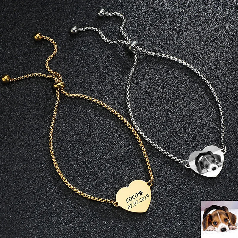Personalized Custom Photo Text Stainless Steel Bracelet Carved Heart Shaped Pendant Bracelet Adjustable Jewelry Custom Gift
