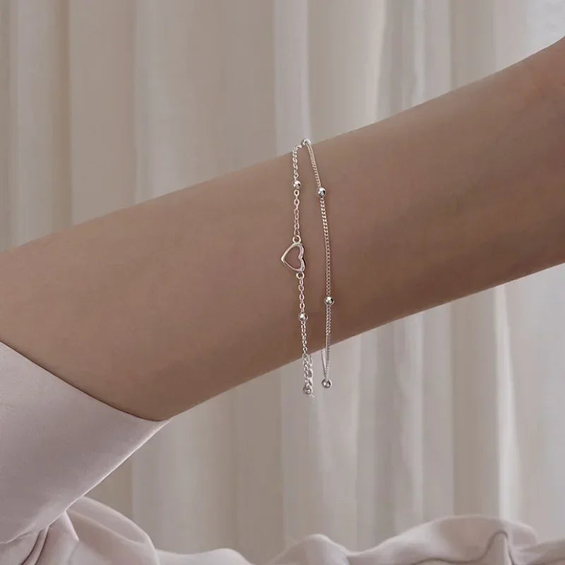 925 Sterling Silver Double Love Heart Hollow Round Beads Bracelet Female Fashion Romantic Jewelry New Classic Adjustable Gifts