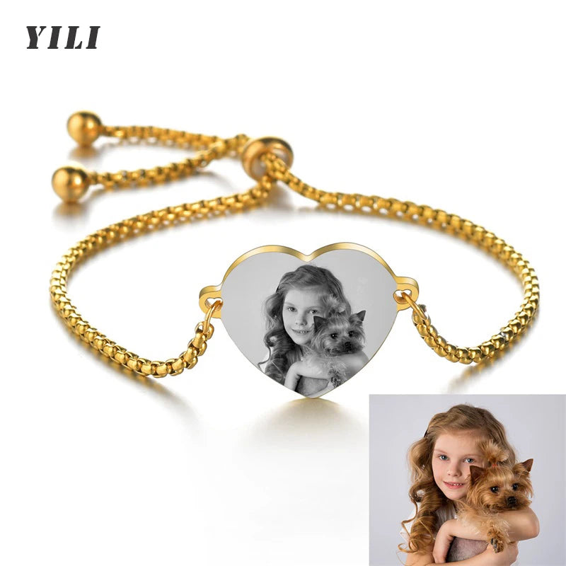 Personalized Custom Photo Text Stainless Steel Bracelet Carved Heart Shaped Pendant Bracelet Adjustable Jewelry Custom Gift