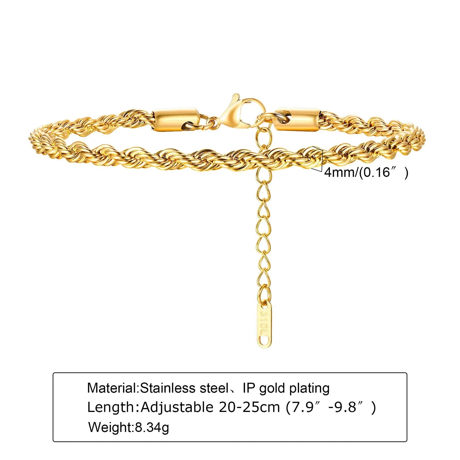 2-5MM Stainless Steel Rope Bracelets for Men Boys,Adjustable Gold Silver Color Links Wristband,Rock Punk Cool Jewelry Gift