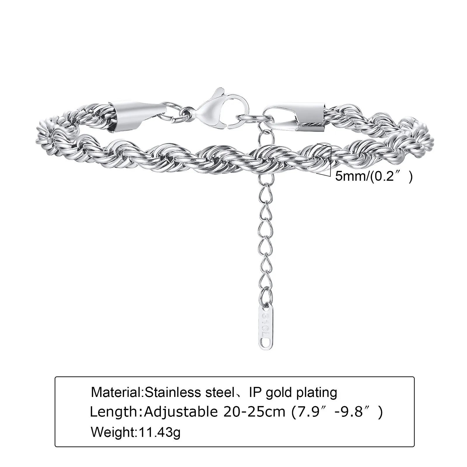 2-5MM Stainless Steel Rope Bracelets for Men Boys,Adjustable Gold Silver Color Links Wristband,Rock Punk Cool Jewelry Gift