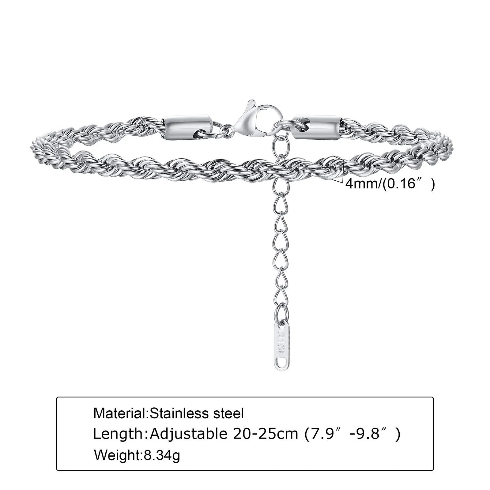 2-5MM Stainless Steel Rope Bracelets for Men Boys,Adjustable Gold Silver Color Links Wristband,Rock Punk Cool Jewelry Gift
