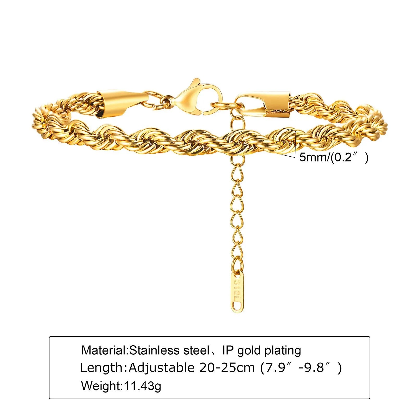 2-5MM Stainless Steel Rope Bracelets for Men Boys,Adjustable Gold Silver Color Links Wristband,Rock Punk Cool Jewelry Gift