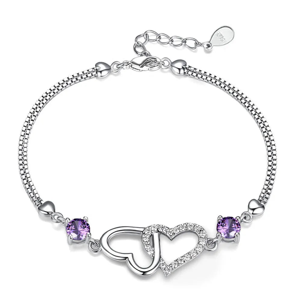 Armband Double Heart „Purple Love“ – 925 Silber